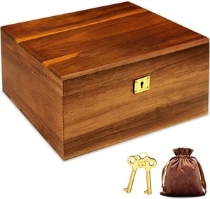 Wooden Storage Box with Hinged Lid and Locking Key - Large Premium Acacia Keepsa - Picture 1 of 9