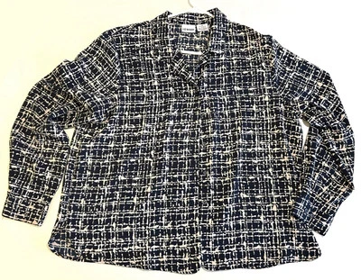 Liz Baker涤纶衬衫,黑白抽象网格图案 — 第 1/4 张图片