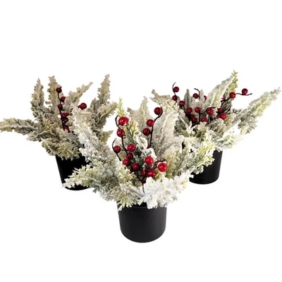 Set of 3 Frosted Pine Berry Artificial Christmas Arrangements in Pots  9" Tall - Image 1 of 4