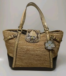 Coach Brown & Tan Woven Straw & Python Leather Handbag Tote Purse - Picture 1 of 20