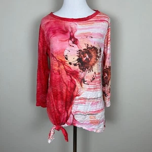 David Cline Top Womens Medium Pink Crinkle Textured Tie Hem Abstract Art To Wear - Picture 1 of 14