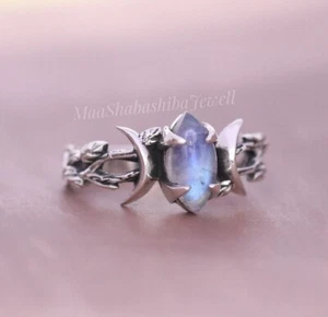Natural Moonstone Ring Engagement Ring Triple Moon Phase Ring 925 Silver Ring - Picture 1 of 9
