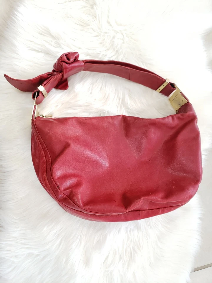 🌺Badgley Mischka Carina Rojo Cuero Esmaltado Holgado Hombro Hobo Bolso Cartera Arco  Foto 1 de 4