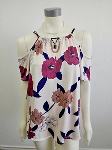 Always Indigo Beige Off Shoulder floral Chain spaguetti strap Top Blouse Sz M - Picture 1 of 3
