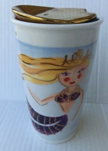 Starbucks Illustrated Siren Gold Paint Art Ceramic Tumbler Traveler Mug 12oz Lid - Picture 1 of 10