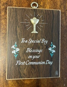 Vintage Erstkommunion Geschenk besonderer Segen für Junge auf Holz Wandbehang Religion - Bild 1 von 6