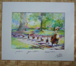 Ducklings Public Garden Boston Art Print Matted Signed Whimsical Nature Colorful - Picture 1 of 7