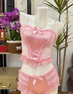 Damen entzückendes rosa Set Satin Spitze Netz Dessous Nachtwäsche seidiges Gefühl Sissy CD - Bild 1 von 8
