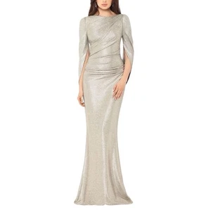 BETSY & ADAM Size 10 Metallic Silver Cape Sleeve Boat Neck Cocktail Gown Dress - Picture 1 of 9