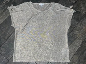 CK Calvin Klein Cold Shoulder Metallic Tan Taupe Neutral Gold Top L Stretch - Bild 1 von 7