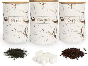 White Kitchen Ceramic Canister Sets - Airtight Set of 3 Coffee Sugar Tea Storage - Picture 1 of 6