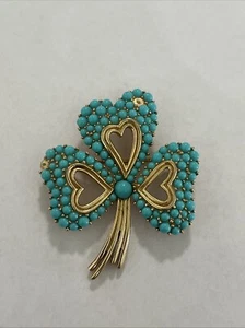 Vintage Crown Trifari Alfred Philippe Turquoise Cabochon Gold Tone hearts Brooch - Picture 1 of 9