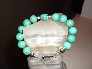 MEN/WOMEN HANDMADE 8 1/4" 11 MM GREEN TURQUOISE & STERLING SILVER BEAD BRACELET - Picture 1 of 11