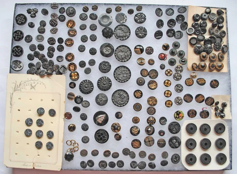 VICTORIAN COLLECTION OF FANCY BLACK GLASS BUTTONS VARIOUS SIZES, AND SHAPES Cover