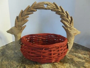 Vintage Arts & Crafts Americana Folk Art Hand Carved Double Deer Handled Basket - Picture 1 of 14