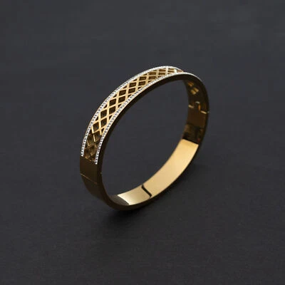 Goldfarben Damen Armreif – Edelstahl Armband mit Strass und Gitter-Design Neu - Bild 1 von 4