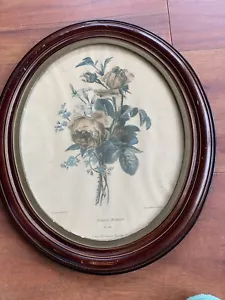 Vintage P. J. Redoute " Roses et Miosotis " #124 Prnt. Oval Frame - Picture 1 of 11
