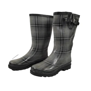 Western Chief Highland Plaid Womens Size 8 Charcoal Pull On Rubber Rain Boots - Picture 1 of 13