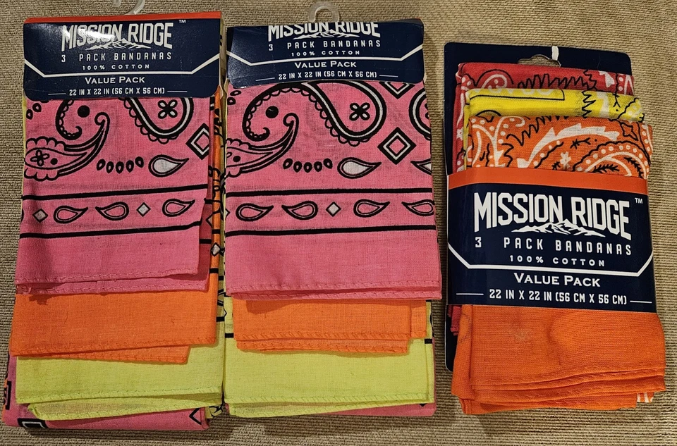 3 PACK BANDANAS Pink Yellow Orange Patterns 100 Cotton 22”x22” Mission Ridge