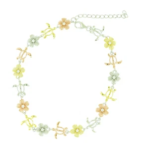 925 Sterling Silver Tri-Color Anklet - 9" 8mm Plumeria Flower  and Turtle - Picture 1 of 1