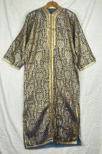 Kaftan Blue Gold Trim Embroidered Ornate Thobe Brocade Robe Paisley Floral OOAK - Picture 1 of 17