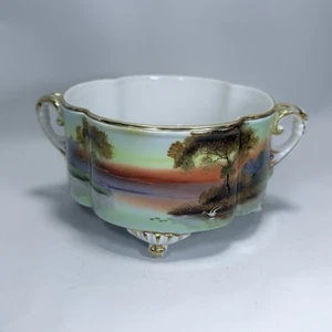 Vintage Noritake Fußschale mit Griffen Blumendeko handbemalt um 1900 Goldrand - Bild 1 von 9
