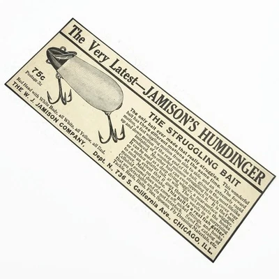 Señuelo de pesca Jamison Humdinger 1926 de colección anuncio impreso • Chicago IL Foto 1 de 4