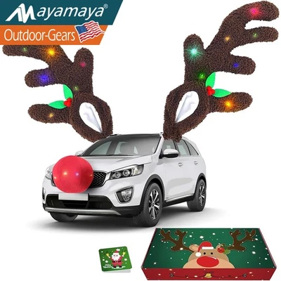 Cuernos de reno de Navidad y nariz roja para coches con luces LED decoración de Navidad regalo Foto 1 de 4