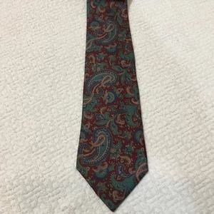 VTG The Bon Marche Mens Burgundy Teal Paisley Silk Hand Made Tie - Picture 1 of 4