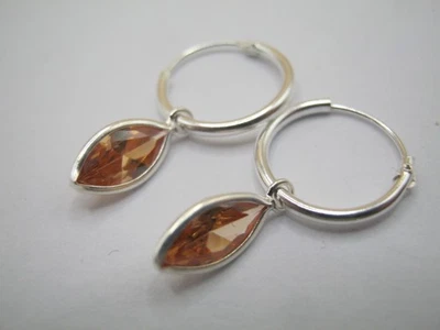 Lovely 925 Solid Silver Hoop Earrings With A Diamond Shaped Simulated CZ Charm - Image 1 of 4