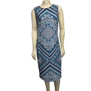 WHBM M Reversible Teal White Scarf Print / Navy Blue Sleeveless Sheath Dress NEW - Picture 1 of 11