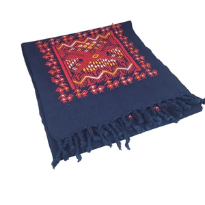 Scarf India Women Multicolor Boho Embroidered Cotton Red Black w/Tassel Fringe - Picture 1 of 5