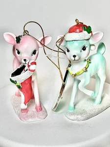 2 ORNAMENTI NATALIZI CERVO VERDE MENTA PASTELLO E ROSA STILE VINTAGE RENNA - Foto 1 di 7