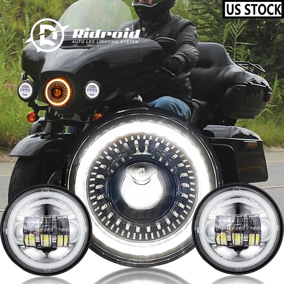 For Harley Heritage Softail Classic 7" LED Headlight+2PCS 4.5" Fog Passing Light Foto 1 de 4