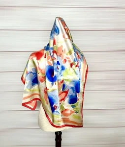 Silk Satin Square Scarf Floral Watercolor Print Hand Rolled Hand Printed 34x34” - Picture 1 of 12