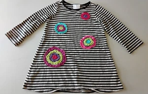 Hanna Andersson Girls Flower Applique Dress Size 100 US 4 Striped Long Sleeve - Picture 1 of 9