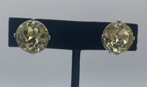 Kenneth Jay Lane Large Rhinestone Silver Plated Earrings Pale Yellow Vintage - Picture 1 of 7