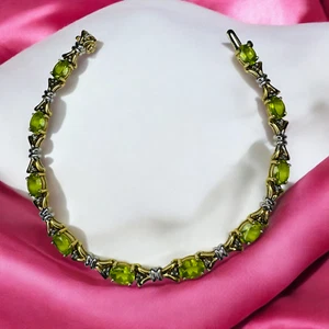 VINTAGE- 10K Gold- 7.5 CT T.W. Natural Peridot & Diamond Bracelet - 7.5" -10.3g - Picture 1 of 24