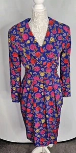 Vintage Chaus Purple Floral Midi Dress Sz 8 Shoulder Pads - Picture 1 of 10