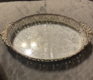 Silver Oval Glass Victorian Vanity Tray White Pearl - Picture 1 of 4