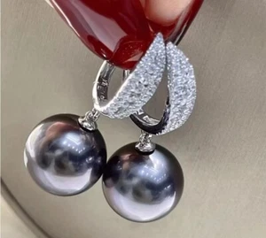 Gorgeous HUGE AAAA 11-12mm Real Natural Tahitian Round Black Pearl Earrings 925s - Picture 1 of 4