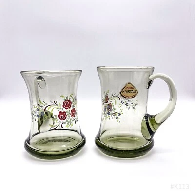 Vintage Joska Kristall Henkelgläser 2-teilig mundgeblasen mit Blumendekor | Grün - Bild 1 von 4