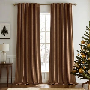 Back Tab & Rod Pocket Velvet Curtains 96 Inches Long 2 Panels Set, Brown Clas... - Picture 1 of 7
