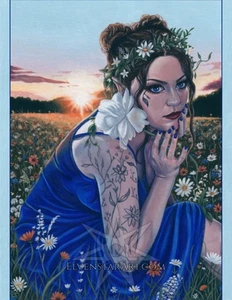 Fantasy Kunst DRUCK Fee Elfe Sonne Sommer Sonnenuntergang Wildblumen Blumen Natur blau - Bild 1 von 5
