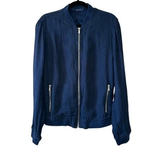 Zara Man Men's Dark Blue 100% Linen Zip Front Breathable Bomber Jacket- Medium - Picture 1 of 11