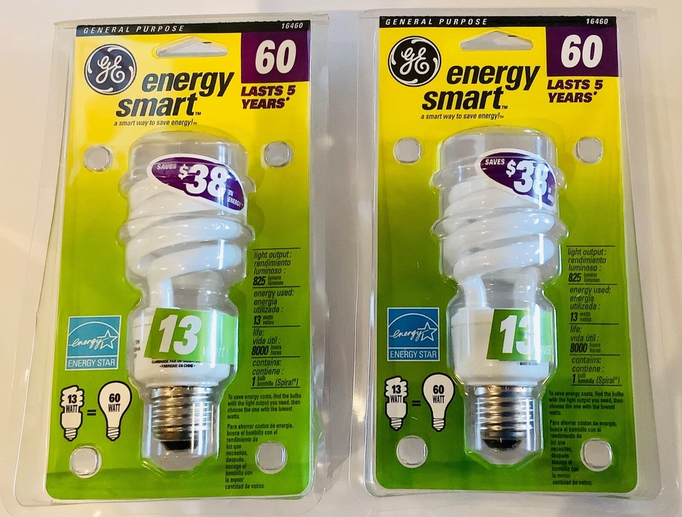 2) NEW GE Energy Smart 60 Watt (Uses Only 13 Watts) Fluorescent Light Bulbs SAVE - Image 1 of 3