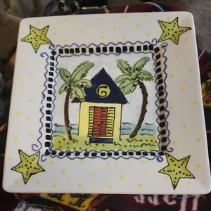 CAROLINE FORBIS 2003 PALM TREE AND HUT PLATTER 8" X 8" HAND PAINTED NICE! - Picture 1 of 5