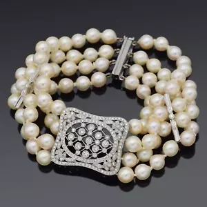 Estate Platinum Sea Pearl & 1.41 TCW Diamond Beaded Multi-Strand Bracelet - Picture 1 of 5