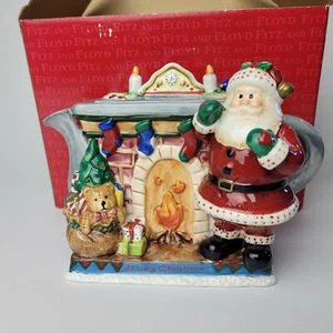 FITZ & FLOYD Merry Christmas Santa Claus Fireplace Ceramic Teapot Teddy Bear Tea - Picture 1 of 5