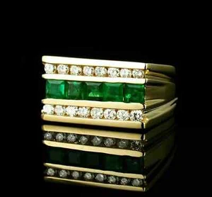 Anillo de boda para hombre de oro de 14 quilates con diamantes y esmeraldas de corte princesa de 2,45 quilates FN - Imagen 1 de 8